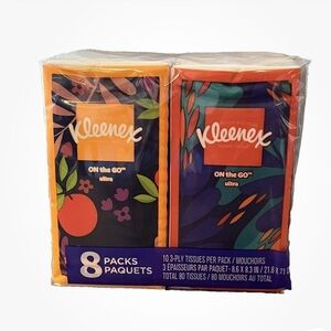 🌊3/$15~Kleenex ON the GO Ultra, 8 Packs, 10, 3-Ply Tissues Per Pack, Total 80